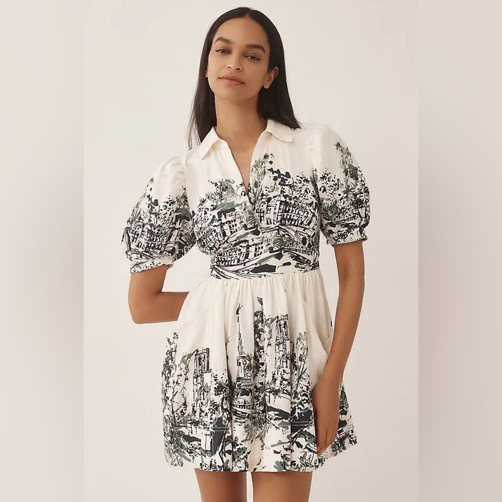 Anthropologie Maeve Short Sleeve Puff Collared Mini Ivory City Linen Dress Sz LP
